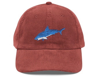 Embroidered White Shark Corduroy Dad Hat, Vintage Style