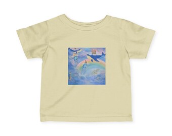 Whimsical Baby Tee: Flying Whales, Rainbow Lighthouse, Fantasy