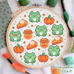 Autumn Frog Cross Stitch Pattern, Frog with Pumpkin, Sunflowers embroidery, Cottagecore Fall cross stitch pattern, small crossstitch pattern