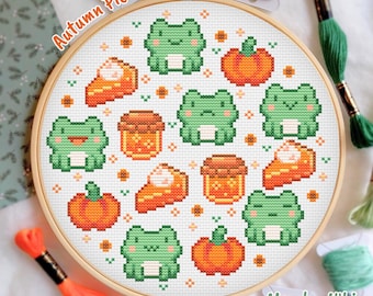 Autumn Frog Cross Stitch Pattern, Frog with Pumpkin, Sunflowers embroidery, Cottagecore Fall cross stitch pattern, small crossstitch pattern
