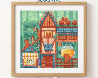 Kruissteekpatroon beer, pdf Forest Village, scène honingwinkel, bosdierenkunst, gezellig cottagecore-ontwerp
