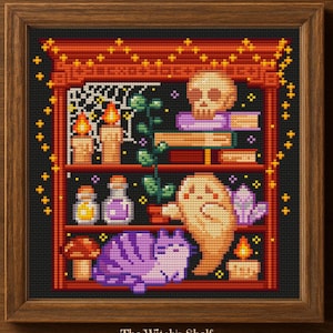 May include: Cross-stitch artwork in a wooden frame depicts a witch's shelf. The shelf is filled with candles, potion bottles, a skull, books, a cat, a ghost, and a mushroom. The text "MeadowWhim CrossStitch" and "The Witch's Shelf" are visible.
