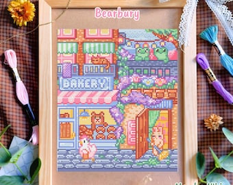 Gezellig dorpsstraatje kruissteek PDF, bosstadje patroon, beer konijn kikker pixelkunst, beginnersvriendelijk borduurwerk, direct te downloaden