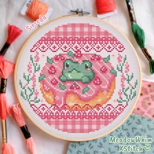 Frog Cross Stitch Pattern, Cute Kawaii Animal Embroidery design,Small Cross stitch pattern, Cottagecore cross stitch pattern, donut design