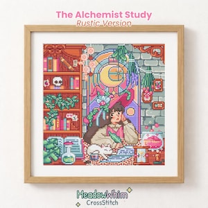 May include: A framed cross-stitch pattern titled The Alchemist Study Rustic Version featuring a person in a pink hat writing at a desk with a white cat, a bookshelf, a stained glass window, an hourglass, and a potion bottle in a room.