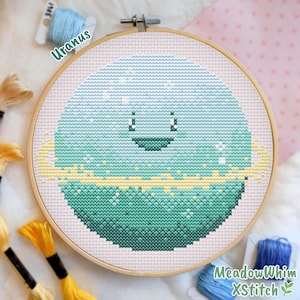 Uranus korsstygnsmönster, planetbroderidesign, rymddekor, astronomihandarbete PDF, solsystemet