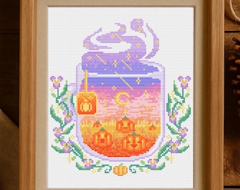 Pumpkin Tea Cross Stitch Pattern, Autumn Embroidery design, Cottagecore Witchy Fall cross stitch Pattern, pumpkin cross stitch pattern