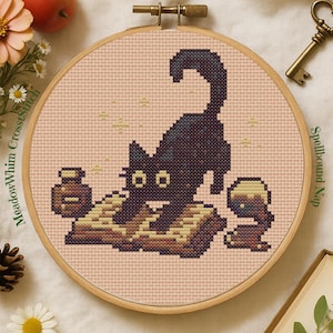 Cat on Spellbook Cross Stitch Pattern, Witchy Cottagecore Embroidery design, Small cross stitch pattern, Fantasy cute cat cross stitch