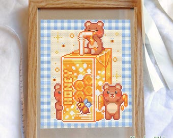 Honey Bears Cross Stitch Pattern, Cute Bear Embroidery, Honey Jar Cross Stitch, Cozy Animal Pattern, PDF Download