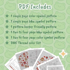Op de afbeelding: Een lichtgroene achtergrond met een patroon van cartoonkikkers. De tekst "PDF Includes" staat bovenaan. Daaronder staan: patroon met &eacute;&eacute;n pagina kleursymbolen, patroon met &eacute;&eacute;n pagina zwart-wit symbolen, patroon voor patroonbewaarder, patroon met twee tot vier pagina's zwart-wit symbolen, patroon met twee tot vier pagina's kleursymbolen en DMC-kleurenlijst.