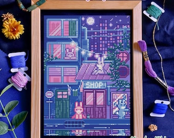 Bunnyburg Night City Kruissteekpatroon Schattig Konijnenstadje Pixel Art PDF Stedelijke fantasie Ontwerp Gezellige Straatscène
