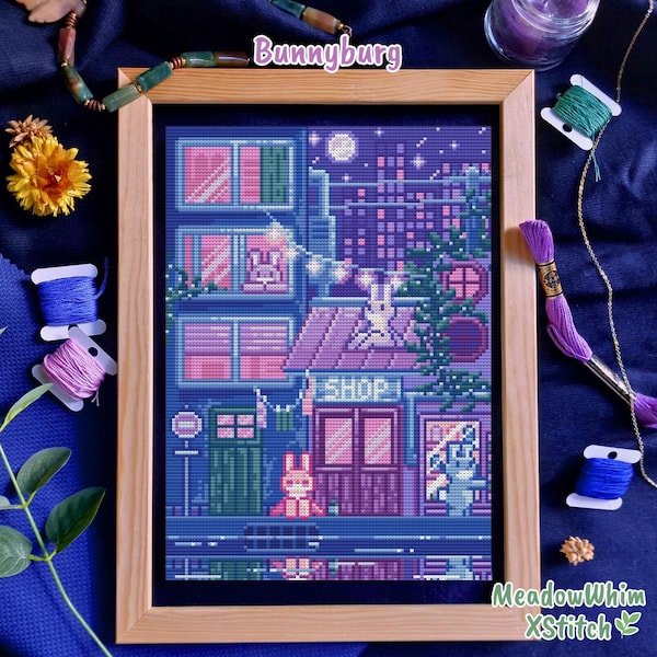 Bunnyburg Night City Cross Stitch Pattern Cute Rabbit Town Pixel Art PDF Urban Fantasy Design Cozy Street Scene