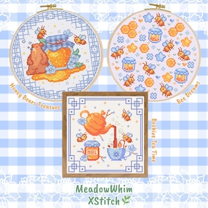 Bienen-Kreuzstichmuster-Set, niedliche Honig-, Bären- und Teestundenmotive, Bienen-Stickmusterpaket, gemütliches Frühlings- und Sommer-Kreuzstichset