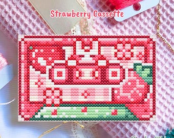 Strawberry bunny cassette cross stitch pattern,pink retro tape embroidery,cute rabbit berry design,kawaii cottagecore needlework, PDF chart
