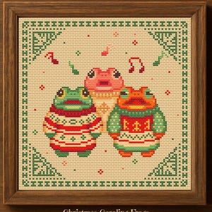 Schema punto croce natalizio con coro di rane, ricamo di animali festivi in PDF, piccolo disegno di anfibio natalizio, grazioso progetto di ricamo invernale
