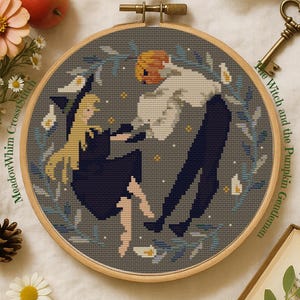 Witch and Pumpkin Cross Stitch Pattern, Autumn Embroidery, Cottagecore Halloween Needlework, halloween fantasy cross stitch pattern