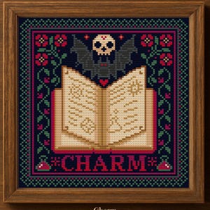 May include: Cross-stitch framed artwork. The design shows an open book, a bat, and a skull. The word "CHARM" is in red. The artwork is surrounded by a floral border. The text "MeadowWhim CrossStitch" is at the top. The word "Charm" is at the bottom.