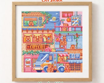Capibara-kruissteekpatroon, Japans onsencafé, Cosy Village pdf, kawaii dierenpatroon, schattige capibarakunst