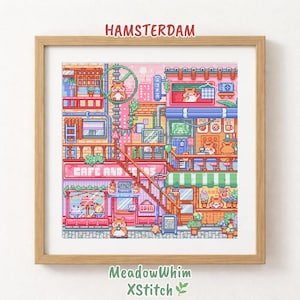 Colorful cross stitch pattern featuring a detailed pastel hamster city called Hamsterdam. The scene shows tiny hamsters living in a lively urban street filled with shops, cafés, balconies, and cozy interiors. A pink and warm-toned environment highlights small architectural details, plants, signs, and windows with adorable characters. This whimsical and dense composition creates a charming, story-rich design perfect for modern embroidery and cute aesthetic lovers.
