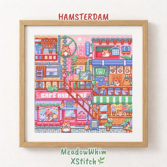 Hamsterdam cross stitch pattern, cute hamster city design, pastel kawaii street scene, detailed modern embroidery PDF, cozy urban animals