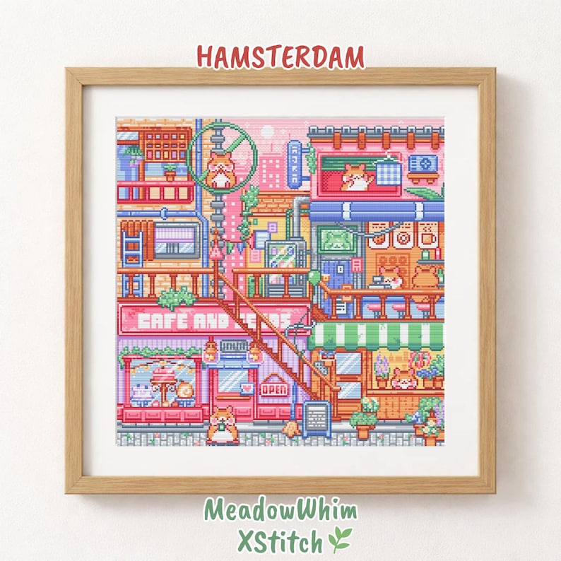 Colorful cross stitch pattern featuring a detailed pastel hamster city called Hamsterdam. The scene shows tiny hamsters living in a lively urban street filled with shops, cafés, balconies, and cozy interiors. A pink and warm-toned environment highlights small architectural details, plants, signs, and windows with adorable characters. This whimsical and dense composition creates a charming, story-rich design perfect for modern embroidery and cute aesthetic lovers.