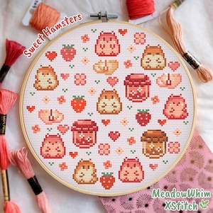 Patrón de punto de cruz de hámsters, patrón de punto de cruz kawaii, bordado de fresa, patrón de punto de cruz rosa, patrón de punto de cruz pequeño