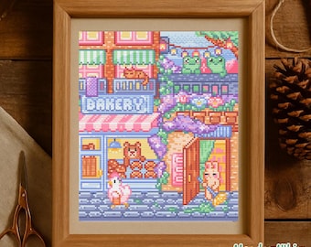 Cozy Village Street Cross Stitch PDF, Woodland Town Chart, Bear Rabbit Frog Pixel Art, Beginner Friendly Embroidery, Instant Download