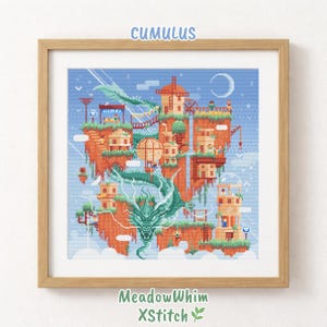 May include: A framed cross-stitch artwork showing a pixelated fantasy landscape with floating islands, buildings, and a dragon. The artwork features a blue sky, a crescent moon, and the text "cumulus" at the top. The bottom text reads "MeadowWhim XStitch".