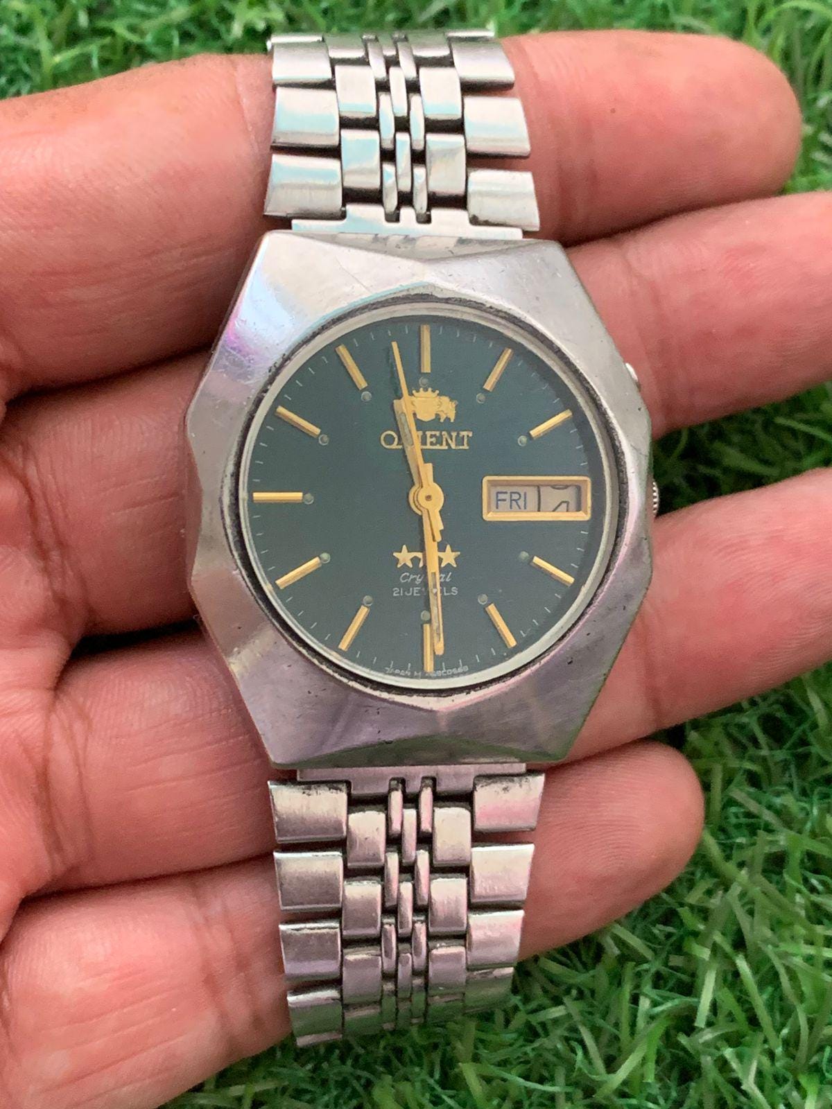 Vintage Orient Tri Star Crystal Automatic Watch: Green Dial, Day