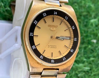 Vintage Seiko 5 7009 Automatic 17 Jewels Men Wristwatch Gold Dial