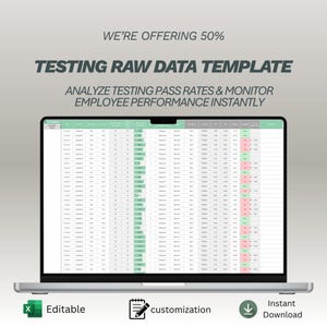 Plantilla de datos brutos de prueba / Rastreador de resultados de laboratorio / Registro de aprobación/rechazo de control de calidad / Hoja de cálculo de rendimiento de empleados / Panel de control de Excel