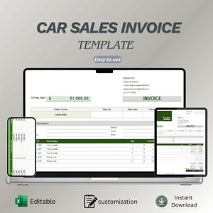 Op de afbeelding: Een laptop, smartphone en tablet tonen een sjabloon voor een autoverkoopfactuur. De factuur is groen en wit, met de tekst "CAR SALES INVOICE TEMPLATE" bovenaan. Pictogrammen geven aan dat de sjabloon bewerkbaar, aanpasbaar en direct te downloaden is.
