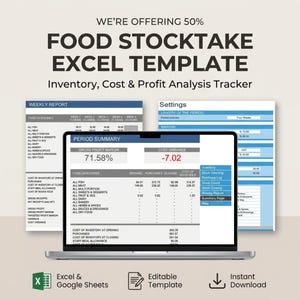 Könnte beinhalten: Ein Laptop zeigt eine Excel-Vorlage für die Lebensmittelinventur mit Daten zur Analyse von Inventar, Kosten und Gewinn. Der Bildschirm zeigt einen Wochenbericht und eine Periodenzusammenfassung mit einer Bruttogewinnmarge von 71,58%.