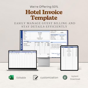 Puede incluir: Una plantilla digital de factura de hotel mostrada en un monitor de computadora, una laptop y una tableta. Las pantallas muestran tablas de facturación y transacciones con texto que incluye Hotel Invoice Template e Instant Download.