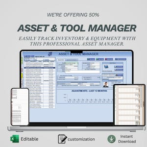 Może przedstawiać: Cyfrowy menedżer zasobów i narzędzi wyświetlany na laptopie, tablecie i telefonie. Tekst brzmi "ASSET & TOOL MANAGER" i "Łatwo śledź zapasy i sprzęt za pomocą tego profesjonalnego menedżera zasobów". Obecne są również ikony dostosowywania i natychmiastowego pobierania.
