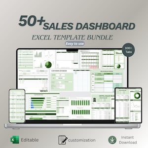 Puede incluir: Un portátil, un smartphone y una tableta muestran un paquete de plantillas de panel de ventas. La pantalla muestra gráficos y tablas de datos con el texto "50+ SALES DASHBOARD" y "EXCEL TEMPLATE BUNDLE". Los iconos indican editabilidad, personalización y descarga instantánea.