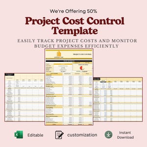 May include: A digital Project Cost Control Template featuring three spreadsheet views with columns for budget allocation, actual costs, and variance. The text reads: We're Offering 50% Project Cost Control Template, Easily Track Project Costs And Monitor Budget Expenses Efficiently, Editable, Customization, Instant Download.