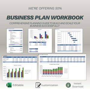 Könnte beinhalten: Ein Businessplan-Workbook mit Diagrammen und Grafiken, einschließlich Umsatzprognosen und Marktanalyse. Der Text lautet "WE'RE OFFERING 50%" und "BUSINESS PLAN WORKBOOK". Enthält Symbole für Bearbeitbarkeit, Anpassung und sofortigen Download.