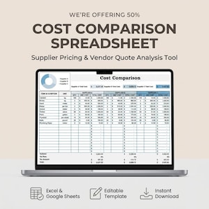 May include: A laptop displays a cost comparison spreadsheet with data for different suppliers. The screen shows a table with item descriptions, quantities, and costs. Text at the top reads "WE'RE OFFERING 50% COST COMPARISON SPREADSHEET". Icons indicate Excel & Google Sheets, Editable Template, and Instant Download.