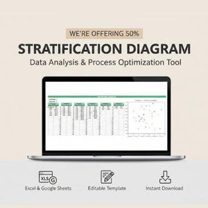 Könnte beinhalten: Ein Laptop zeigt ein Stratifikationsdiagramm, ein Werkzeug zur Datenanalyse und Prozessoptimierung. Der Bildschirm zeigt eine Tabelle und ein Streudiagramm. Das Bild enthält den Text "WE'RE OFFERING 50%" und Symbole für Excel & Google Sheets, eine editierbare Vorlage und einen Sofort-Download.