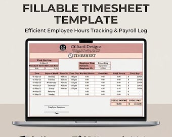 Plantilla de hoja de horas rellenable / Registro de horas de empleados / Calculadora de nómina / Panel de control de trabajo diario y semanal / Hojas de cálculo de Excel y Google