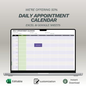 Könnte beinhalten: Ein Laptop zeigt eine Vorlage für einen täglichen Terminkalender. Der Bildschirm zeigt ein Raster mit Zeitfenstern und Wochentagen. Der Text oben lautet "WE'RE OFFERING 50% DAILY APPOINTMENT CALENDAR EXCEL & GOOGLE SHEETS".