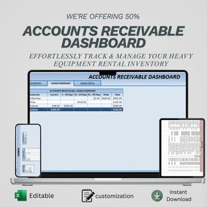 May include: A laptop, tablet, and smartphone display an accounts receivable dashboard. The text reads "Accounts Receivable Dashboard" and "Effortlessly track & manage your heavy equipment rental inventory." The image also includes the words "Editable", "customization", and "Instant Download".