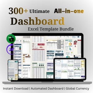 Può includere: Un laptop, un tablet e uno smartphone mostrano un pacchetto di modelli Excel. L'immagine presenta il testo "300+ Ultimate All-in-one Dashboard Excel Template Bundle". Lo schermo del laptop mostra più fogli di calcolo. L'immagine include anche il testo "Instant Download | Automated Dashboard | Global Currency."