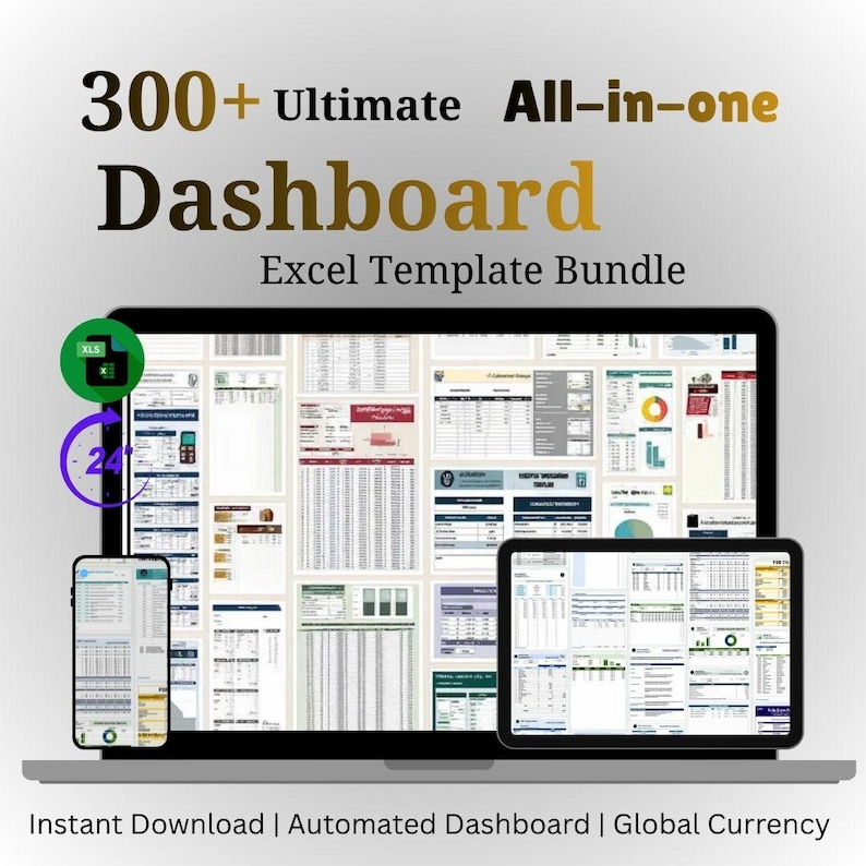 Puede incluir: Un paquete digital de m&aacute;s de 300 plantillas de Excel Ultimate All-in-one Dashboard mostradas en una pantalla de port&aacute;til y tableta. Las pantallas muestran varias tablas de datos, gr&aacute;ficos y dise&ntilde;os de seguimiento financiero. El texto incluye Instant Download, Automated Dashboard y Global Currency.