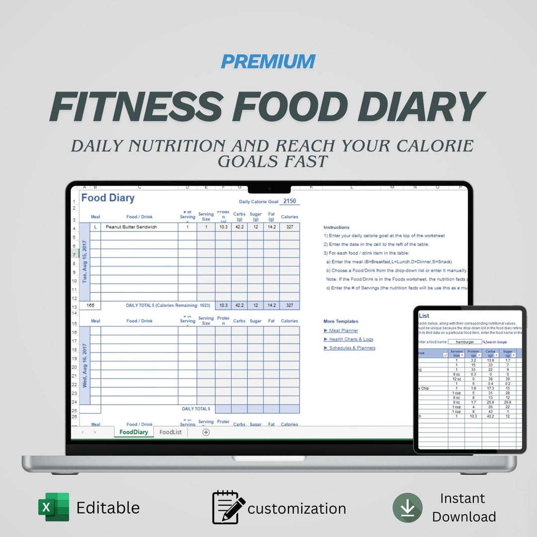 Food Diary Excel Template | Calorie Counter, Daily Nutrition Tracker ...