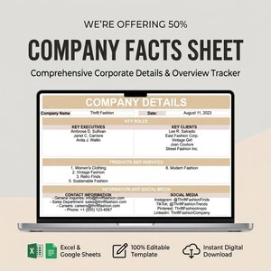 May include: A laptop screen shows a "Company Facts Sheet" template, detailing corporate information. Sections include company details, key executives, and social media links. The image also includes the text "We're Offering 50%" and "Instant Digital Download."