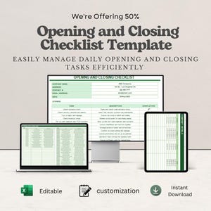 May include: An opening and closing checklist template displayed on a computer monitor, a laptop screen, and a tablet. The document features sections for company details, daily tasks, descriptions, and completion status in a green and white layout.
