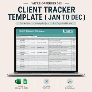 Client Tracker Template Excel | CRM Spreadsheet | Project Task Manager | Monthly Client Organizer | Freelancer Agency Small Business