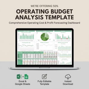 Puede incluir: Una pantalla de portátil muestra una plantilla de análisis de presupuesto operativo con gráficos. El texto dice "WE'RE OFFERING 50% OPERATING BUDGET ANALYSIS TEMPLATE." El texto adicional incluye "Comprehensive Operating Cost & Profit Forecasting Dashboard."